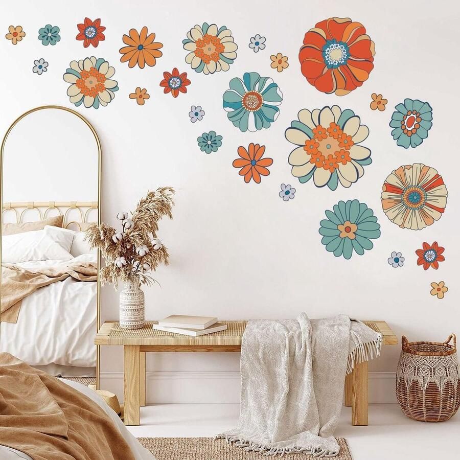 Allecto Plus Boho Retro Bloemen Muurstickers Kleurrijke Grote Vintage Bloem Muurstickers Muurkunst voor Slaapkamer Woonkamer Kantoren Bank TV Achtergrond Wanddecoratie
