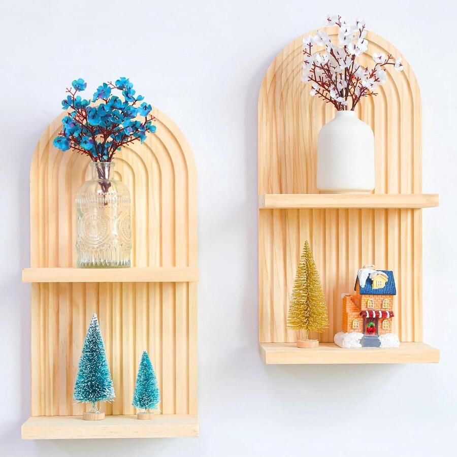 Allecto Plus Boho Wandplank Set voor Wanddecoratie met Boogdesign Houten Planken voor Hangende Planten en Foto's Moderne Bohemian Stijl Woonkamer en Badkamer Accessoires