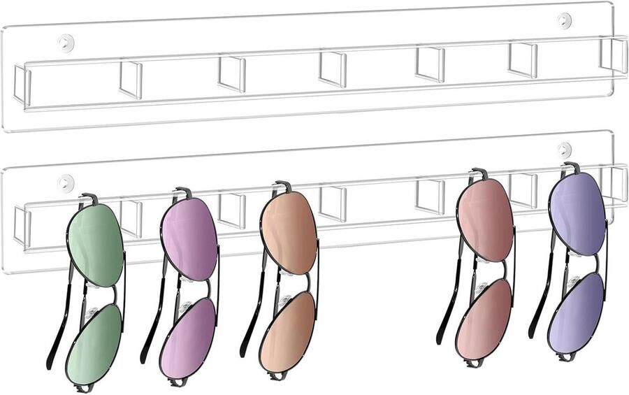 Allecto Plus Brillenhouders voor aan de muur met 6 sleuven Opbergorganizer voor zonnebrillen Brilstandaard van doorzichtig acryl Geschikt voor muur deur kast Eenvoudig te installeren Set van 2 stuks