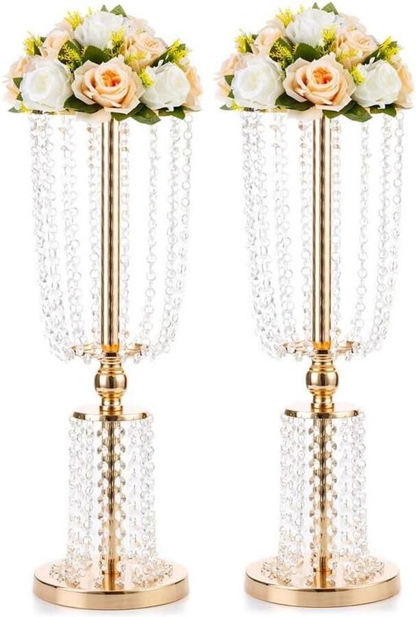 Allecto plus Bruiloft Centerpieces voor Tafels Set van 2 60cm Hoog Gouden Vazen Kristallen Metalen Vaas Bloemenstandaardhouders Housewarming Geschenken Vaas voor Bloemen Kerstreceptie