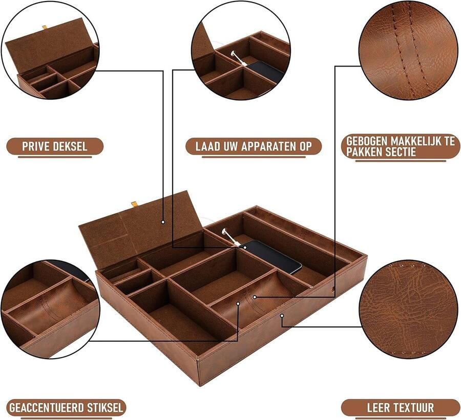 Allecto plus Bruine Nachtkast Organiser Tray met 6 Compartimenten voor Beurs Telefoon Sleutels Sieraden Heren Accessoires