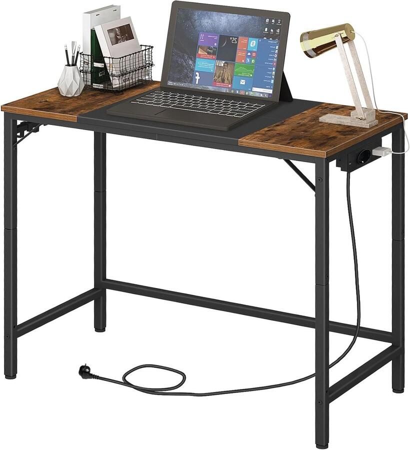 Allecto Plus Bureau computertafel met stekkerdoos moderne studietafel met 3 haken werkkamer kantoor robuust en stabiel eenvoudige montage vintage bruin en zwart