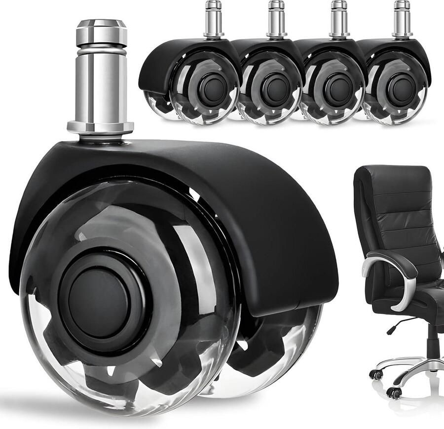Allecto Plus Reserve bureaustoelwielen 5 stuks Rubberen wielen voor bureaustoelen Stil en geschikt voor harde vloeren Parket en tapijt Ergonomisch ontwerp