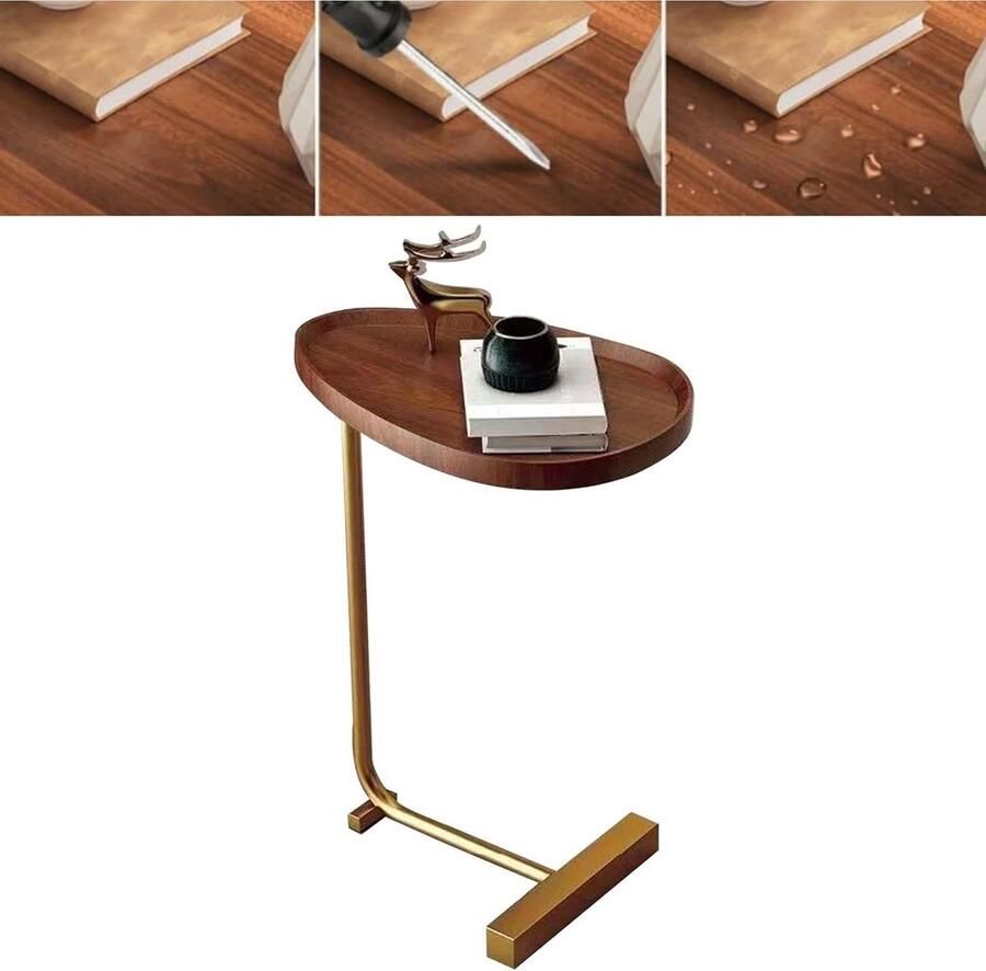 Allecto Plus C-vormige houten bijzettafel voor woonkamer met metaal frame (gouden accent groefontwerp) Stijlvol meubelstuk voor naast bank met donker houtnerf