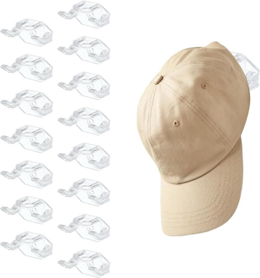 Allecto plus Caphouder voor muur 16 stuks zelfklevende & schroefbevestiging Hoedenhouder voor honkbalpetten sjaals opbergrek transparant