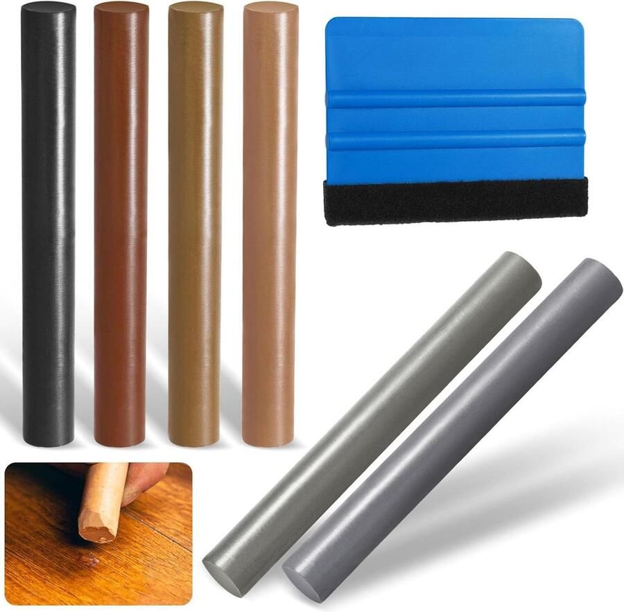 Allecto plus Complete set voor het repareren van harde wax: 6 stuks met blauwe schraper kleuren ideaal voor laminaten houten meubels parketvloeren reparatie van beschadigingen en krassen