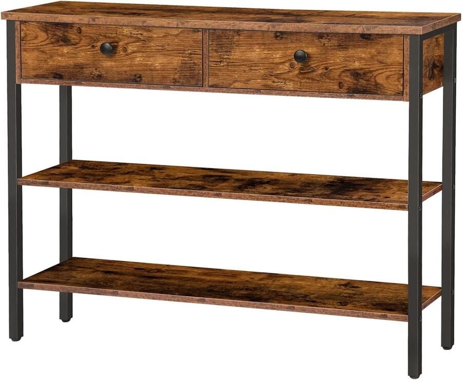 Allecto Plus Consoletafel met 2 laden en 2 planken in vintage bruin-zwart design Stevig metalen frame Voor entree en woonkamer Haltafel banktafel met extra opbergruimte