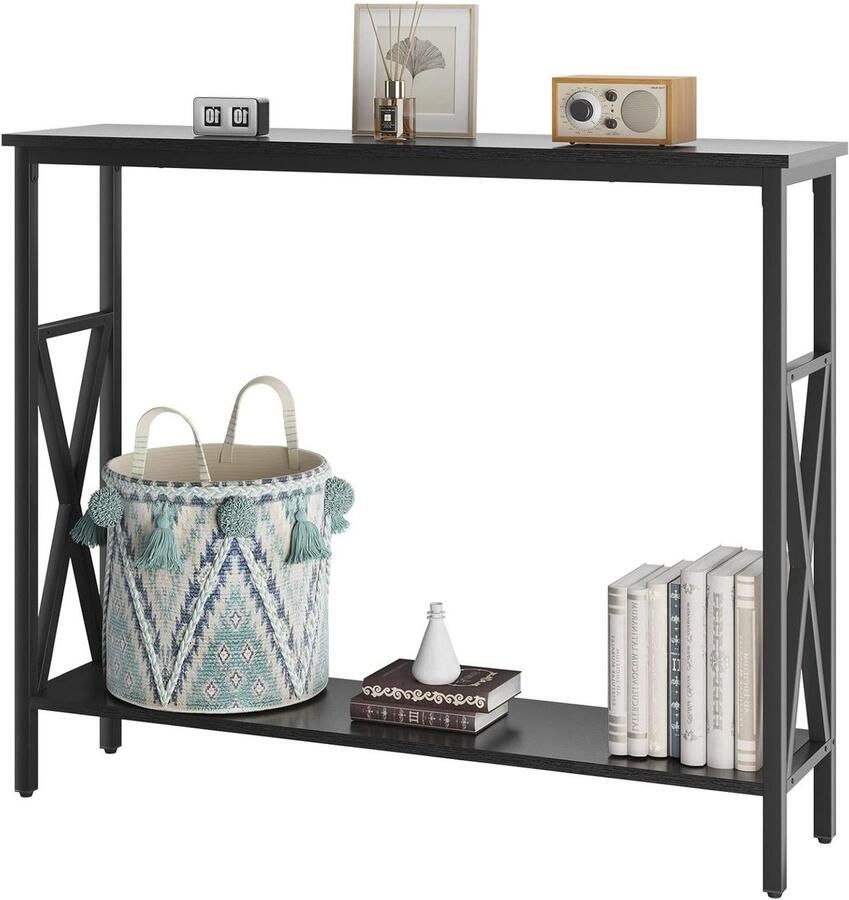 Allecto Plus Consoletafel met 2 planken in hoogte verstelbaar Stabiel X-frame 101 x 25 x 80 cm Verstelbare poten Eenvoudige montage Zwart Voor hal en woonkamer