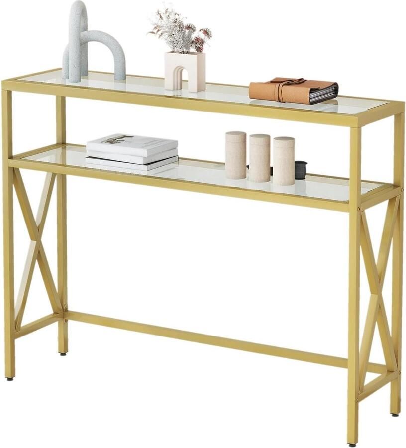 Allecto Plus Consoletafel met gehard glas en planken voor hal en woonkamer Industriële ingangstafel Compacte displaytafel Goudkleurig 101 × 25 × 80 5 cm