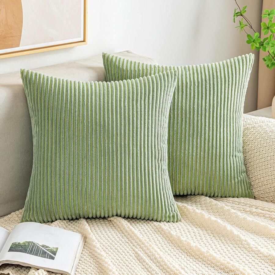 Allecto Plus Corduroy kussenhoezen vierkant gestreept zacht voor thuis decoratieve kussenslopen 40 x 40 cm set van 2 donkergroen bank slaapkamer