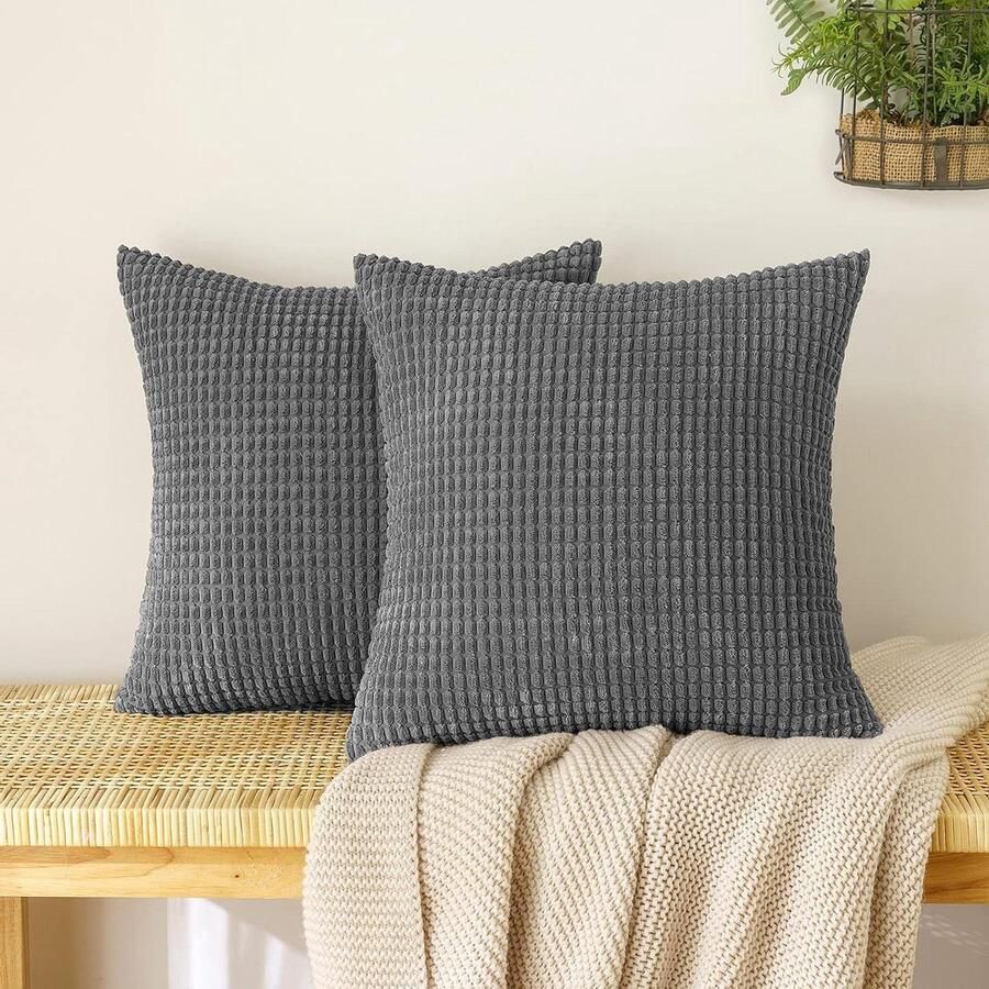 Allecto Plus Corduroy kussensloop set van 2 zacht kussen overtrek voor bank woonkamer granulaat decoratief sofakussen donkergrijs 40x40 cm