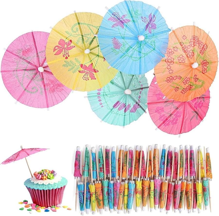 Allecto Plus Decoratie Cocktailparaplu's 60 stuks voor Cocktailparty's Mini-cocktailparasols Hawaii-feestdrankdecoraties Papieren parasols voor Strandfeesten Fiesta tropisch Strandfeestjoy