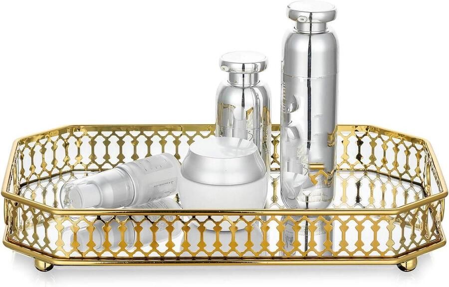 Allecto Plus Decoratief Dienblad Gouden Spiegel Sieraden Ijdelheid Dressoir Rechthoekig Kaars Drank Borden Parfum Huwelijksfeest Stijlvol Dienblad met Spiegel Luxe Decoratie Accessoire