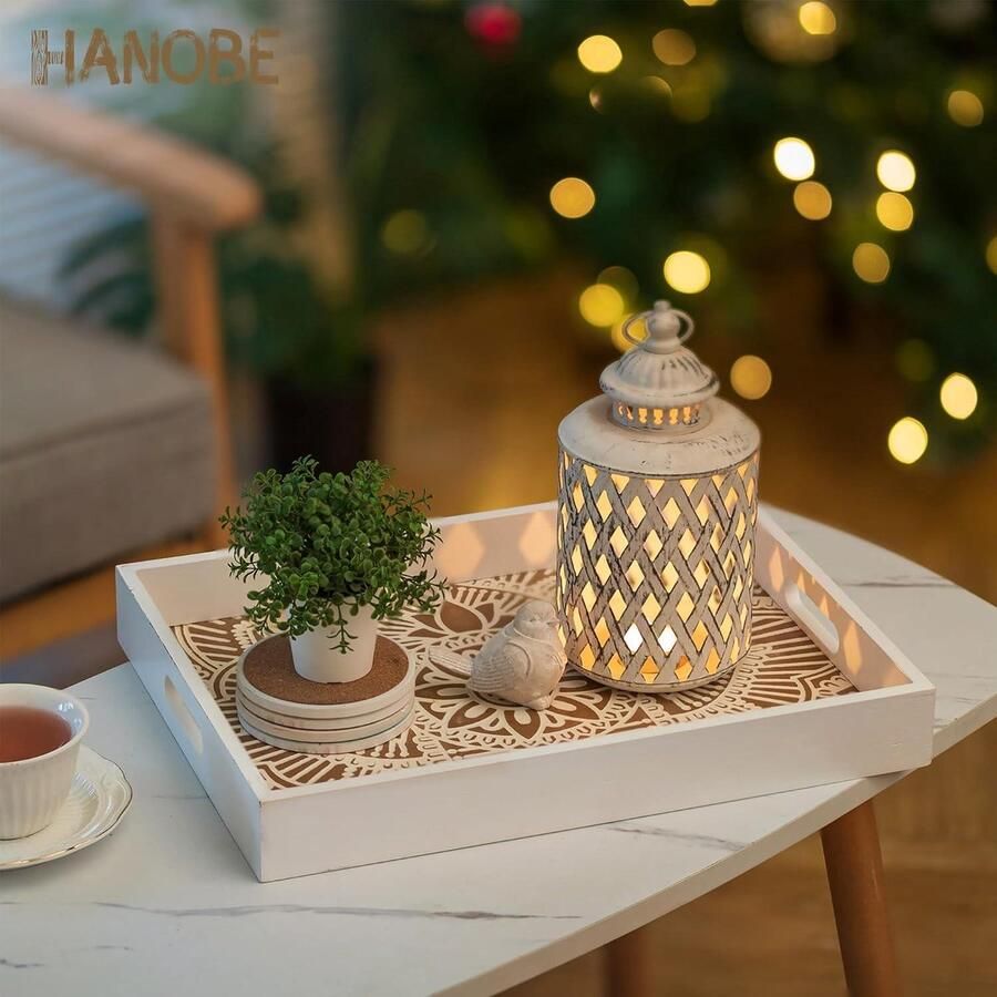 Allecto plus Decoratief dienblad met handgrepen voor Ottomaanse salontafel wit met bloemen Rechthoekig houten dienblad voor woonkamer Rustieke Boho stijl Voor decoratie en opslag Handig voor op de toonbank 98 characters