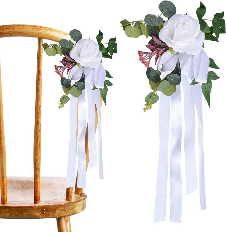 Allecto Plus Decoratieve Bloemen Kerk Stoel Rugleuning voor Bruiloft 4 Kunstbloemen Roze en Wit Met Bladeren en Linten