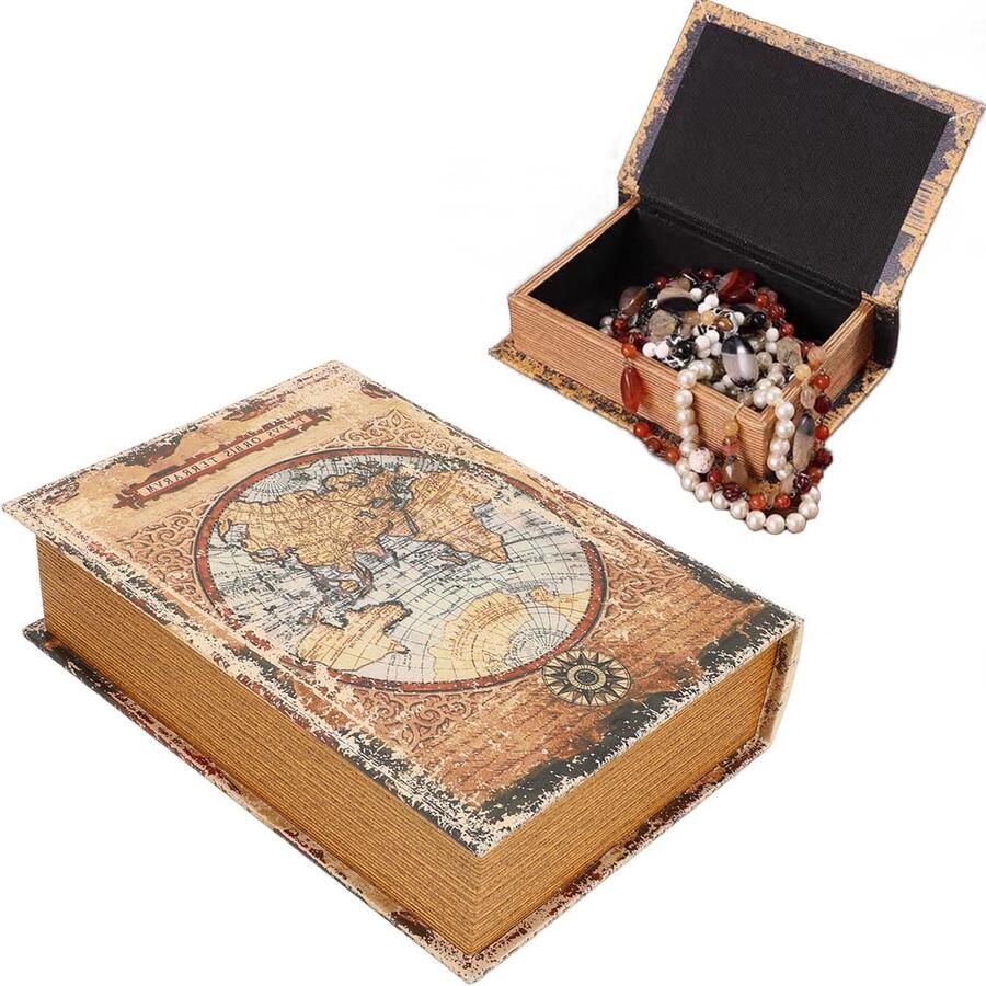 Allecto Plus Decoratieve Boekendoos Vintage Europese Wereldkaart Boekenkast 21.5 x 30 x 7.5 cm Schatkist voor Sieraden en Schappen Vintage Decoratie
