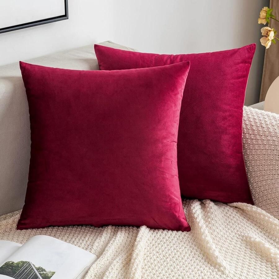 Allecto Plus Decoratieve fluwelen kussensloop voor bank slaapkamer Set van 2 45 x 45 cm Wijnrood met verborgen ritssluiting Sierkussen Lendenkussen