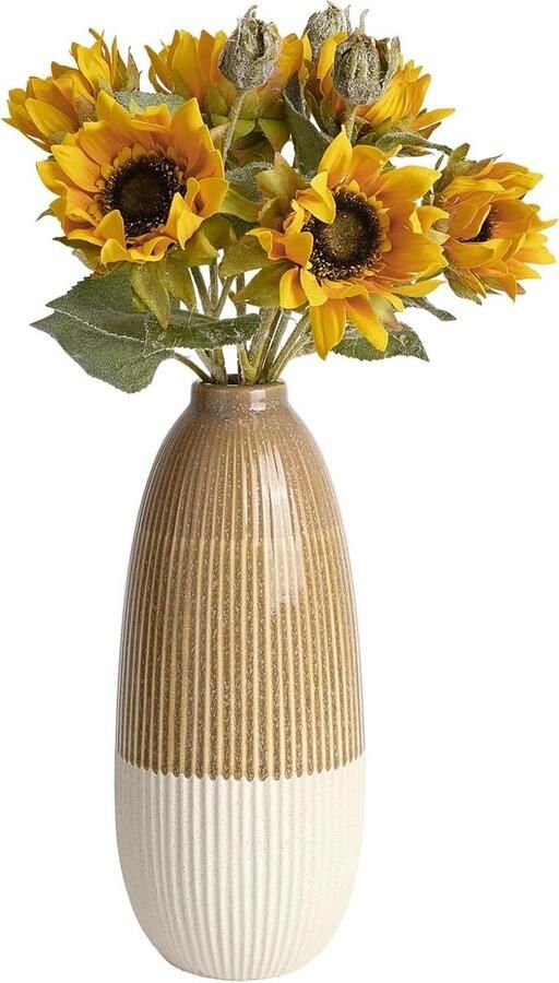 Allecto plus Decoratieve keramische vazen voor huisdecoratie bruine gestreepte porseleinen vaas met kleurverloop voor bloemen moderne boerderijvaas voor tafel en meer