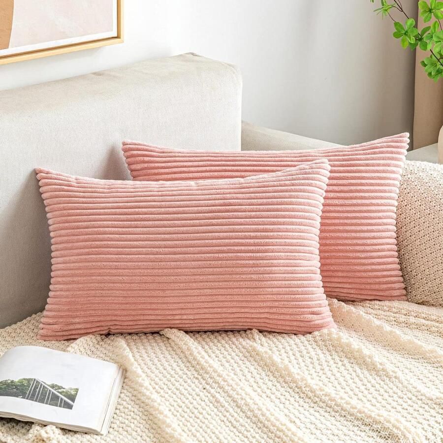 Allecto Plus Decoratieve Kussenhoezen van Corduroy Langwerpig Gestreept Zacht 30 x 50 cm Set van 2 Roze Voor Thuis op de Bank of in de Slaapkamer