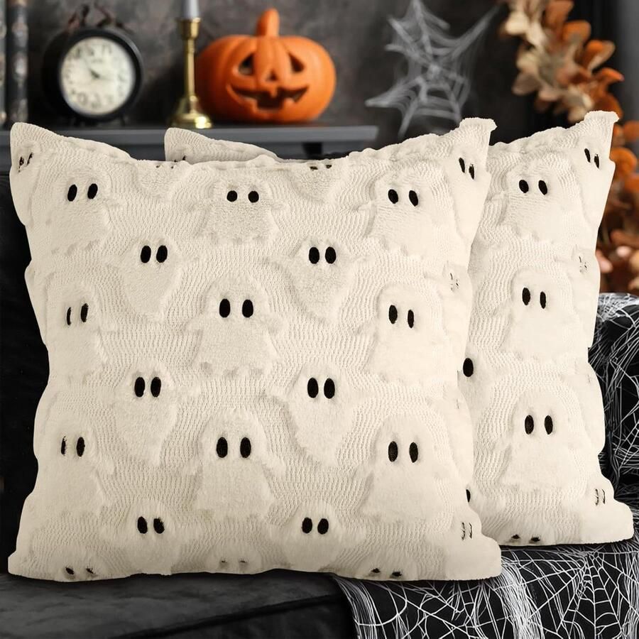 Allecto plus Halloween kussenhoezen set van 2 stuks schattig spookachtig zacht pluche kunstbont wol 40 x 40 cm kussenhoes voor binnen huis slaapkamer bank decoratie (stijl A wit) met spoken décor