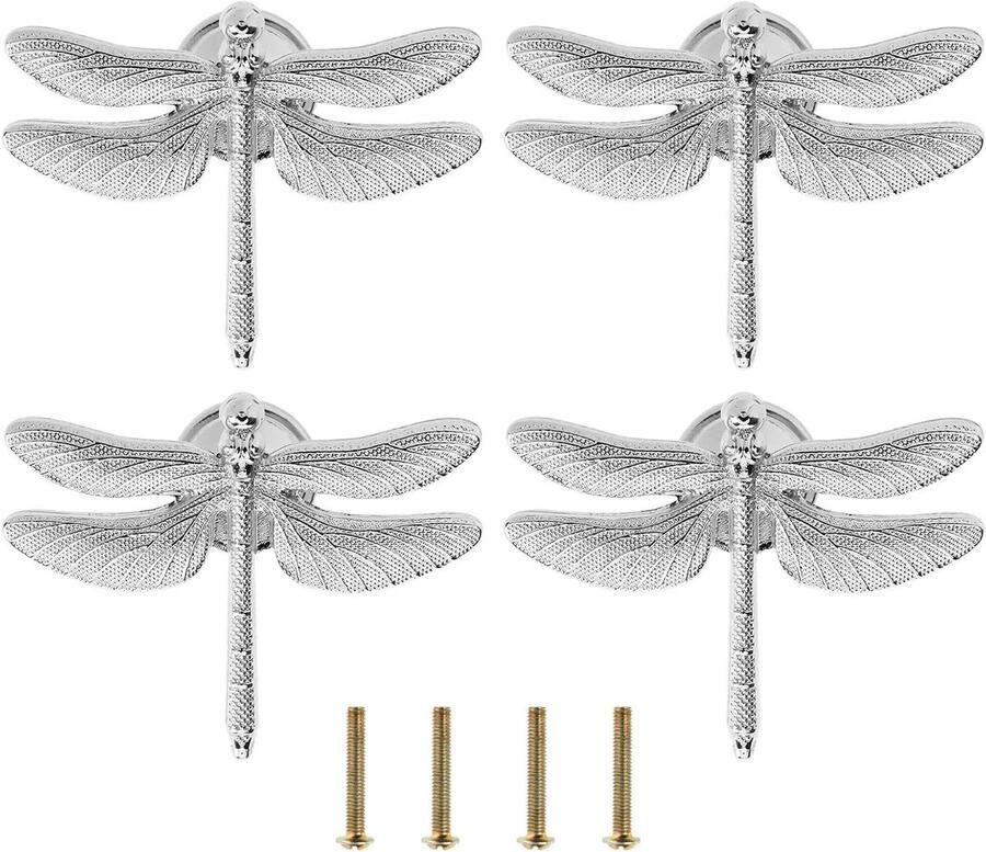 Allecto Plus Decoratieve libellevormige handgrepen Set van 4 stuks Zilverkleurig Meubelbeslag voor kast ladekast Inclusief montageschroeven