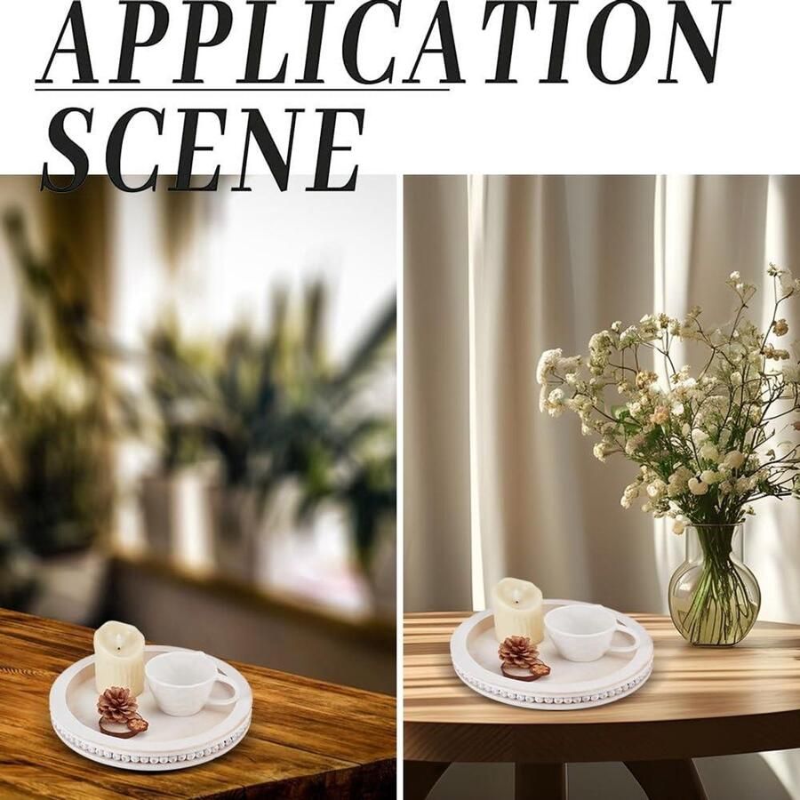 **Allecto plus** Decoratieve salontafel lade met ronde dienblad Houten opslag houder Witte kralen Cirkel middelpunt decor Thuis woonkamer eetkamer keuken badkamer opslagrek