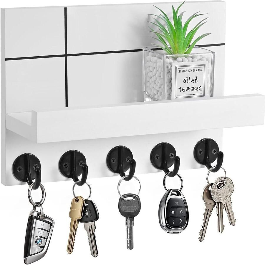 Allecto plus Decoratieve wandkapstok met plank en 5 sleutelhaken voor woonkamer badkamer keuken en hal Wit