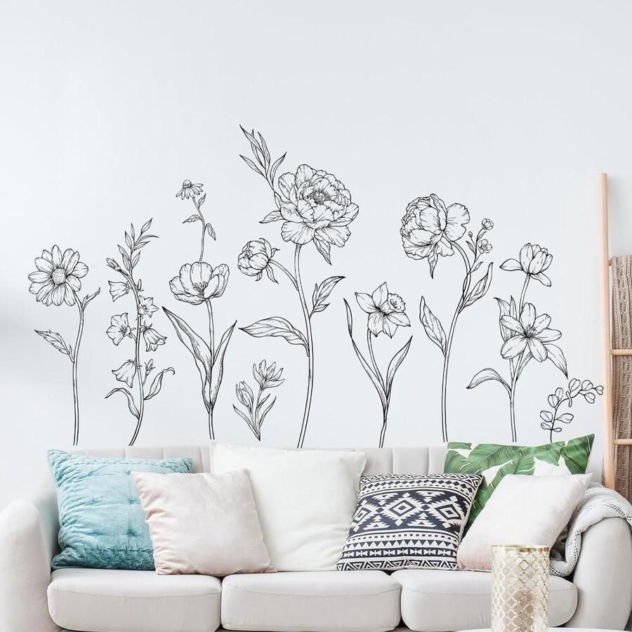 Allecto Plus Decoratieve Zelfklevende Muurstickers Bloemen Zwart-Wit Kunst voor Meisjes Slaapkamer en Woonkamer Eenvoudig aan te Brengen Kantoor en TV Bank Achtergrond Wilde Bloemen Motief