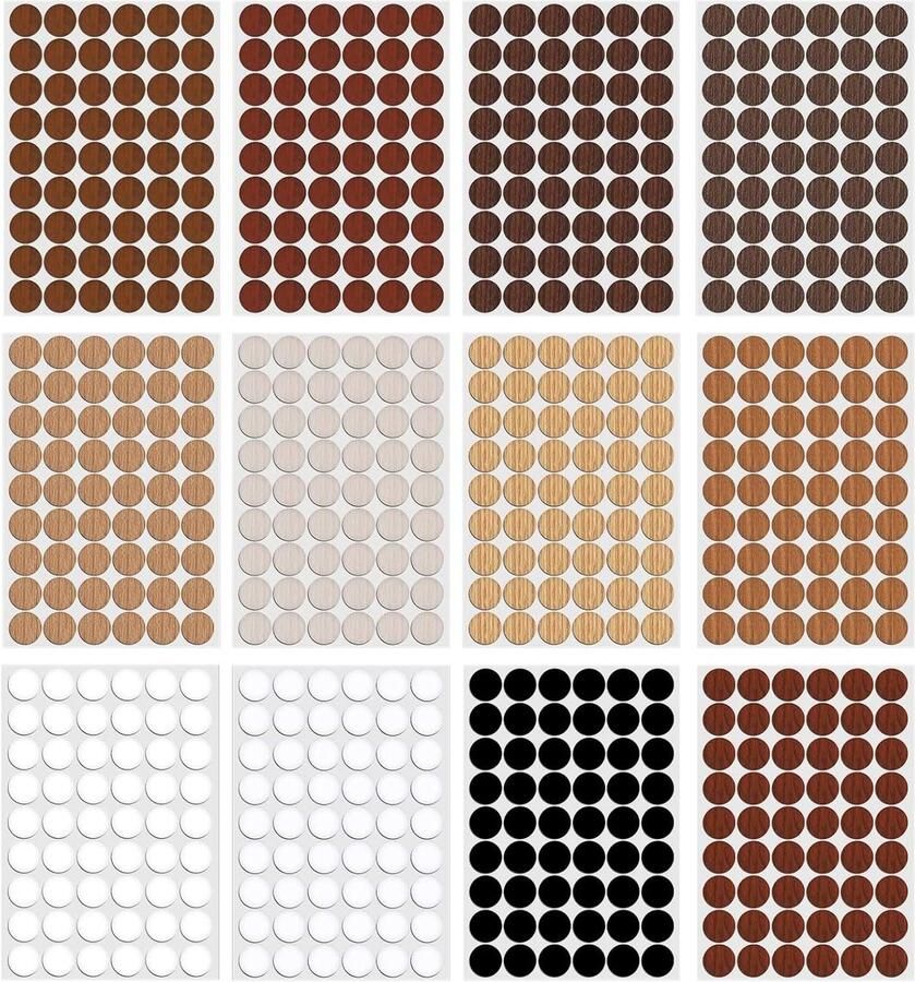 Allecto plus Dekstickers voor Schroefgaten (12 Vellen 648 stuks) Zelfklevend Stofdicht Voor Garderobe Keuken Boekenkast Houten Meubels (12 Kleuren)