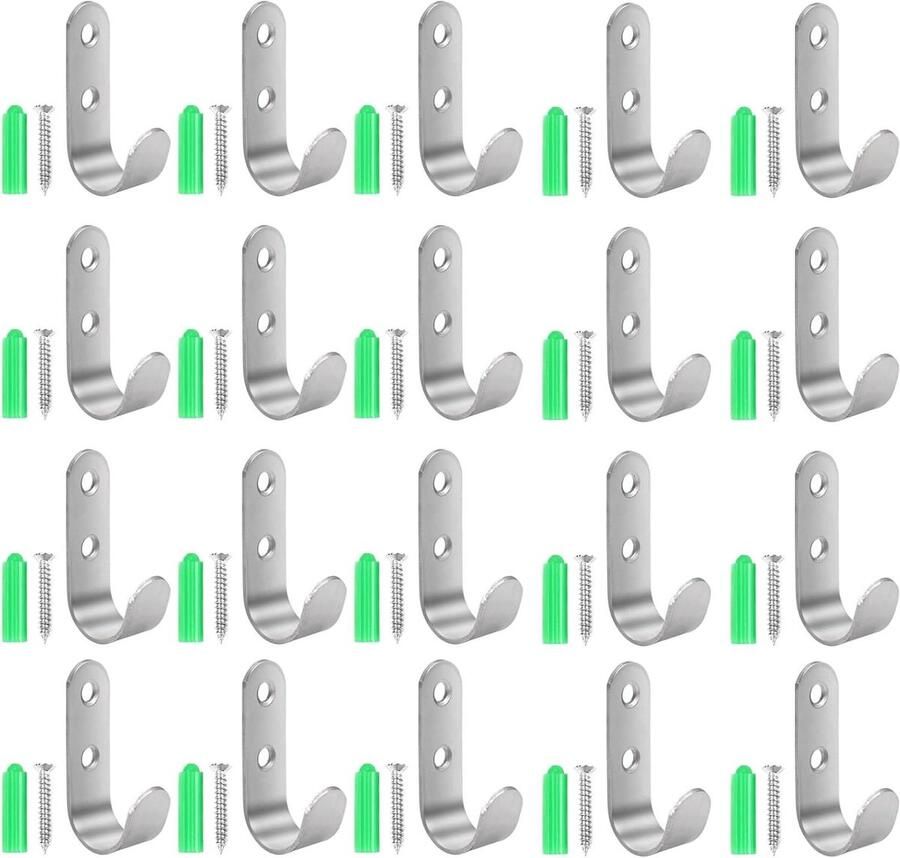 Allecto Plus Dekzeilhaken Roestvrijstalen Nethaken 20 Stuks Wandhaken met Schroeven Handdoekhaken Garderobehaken Kledinghaken Badkamer Keuken Woonkamer Kantoor Deur Kledingkast Metaal Gaten Accessoires Ophanghaakjes
