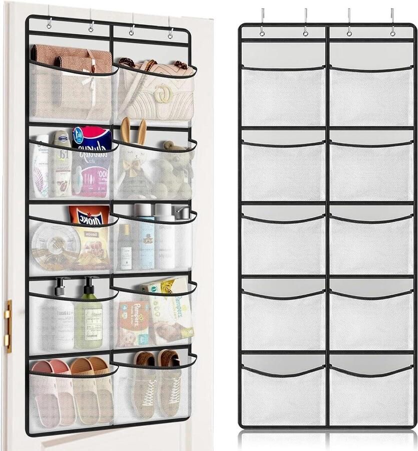 Allecto Plus Deur Organiser met 10 Mesh Compartimenten en 4 Haken Geschikt voor Slaapkamer en Badkamer Opberghanger voor Deur Organiseren