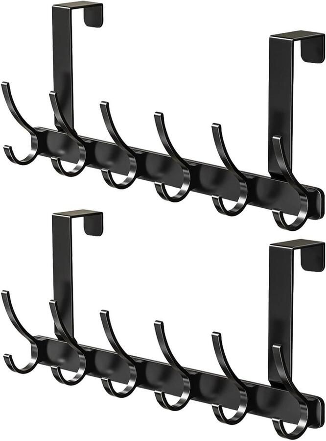 Allecto Plus Deurhaak Set Zwart voor Deurkapstok 2 Stuks Haaklijst met 6 Haken Garderobehaken Roestvrij Staal 182 x 40 x 45 cm