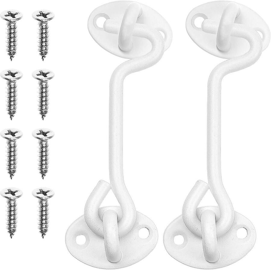 Allecto Plus Deurhaken en Ooggrendel van Roestvrij Staal voor Deuren en Ramen Set van 2 Wit Draaibare Raamdeurhaken Cabinehaken voor Omheiningen en Kasten