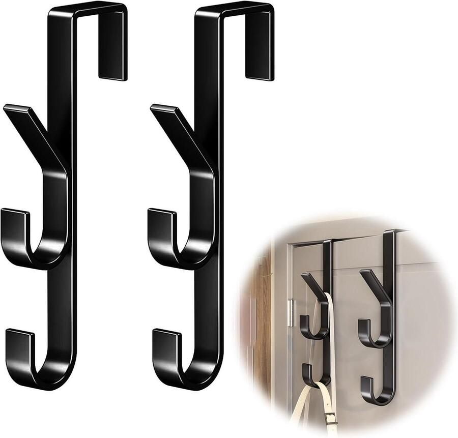 Allecto Plus Deurhaken Set van 2 Deurkapstok Kledinghaken Zwart Geen Boor Deurdikte 3-41 cm Jashouder