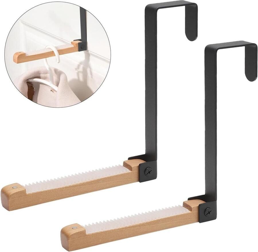 Allecto Plus Deurhaken Set van 2 Zwart Metaal en Hout Deurkapstok zonder boren Klaphaken Opvouwbare Deurhaak Voor 45 cm Deursponning Ideaal voor Tas Kleding en Handdoeken