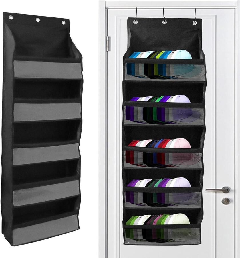 Allecto Plus Deurorganizer voor honkbalpetten en hoeden 5 vakken 3 metalen haken Zwart Ideaal voor slaapkamer kantoor en kinderkamer