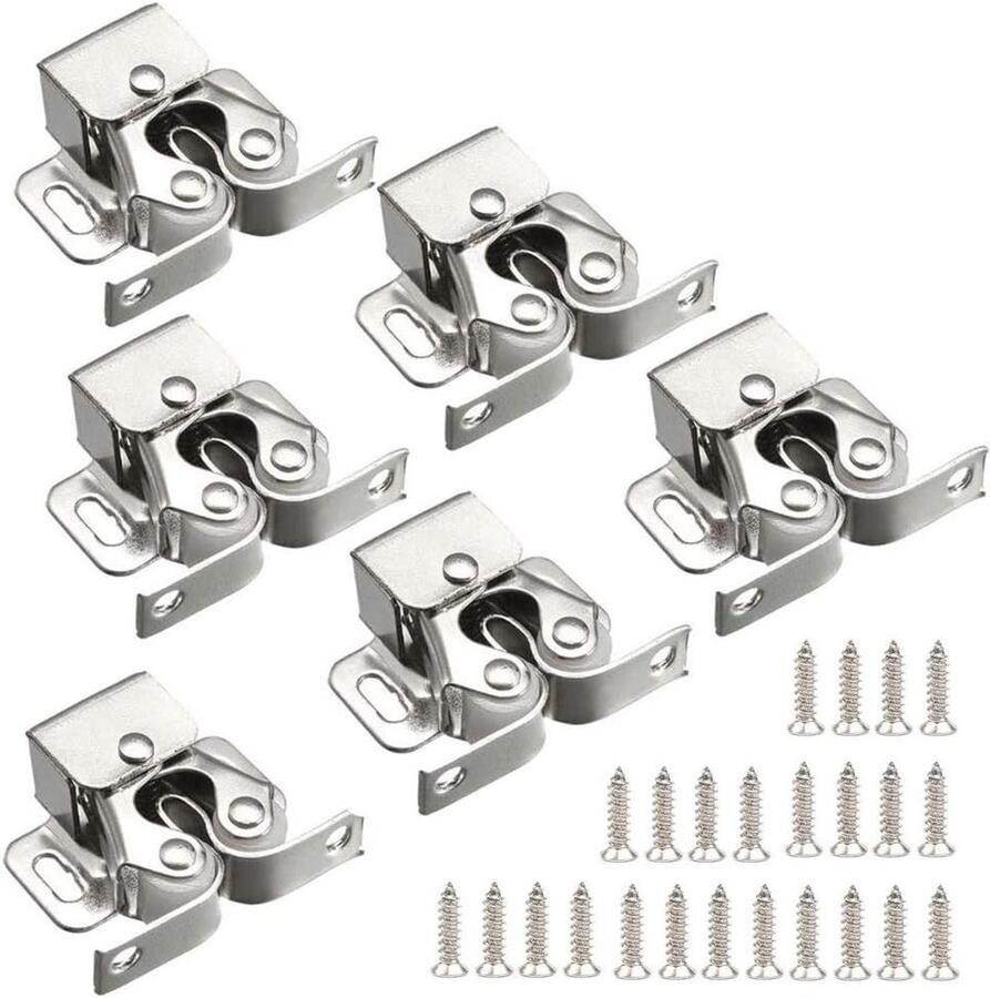 Allecto plus Deurvangsten 12 stuks dubbele rolkast deurvergrendeling Thuis kast meubels Inclusief schroeven Zilverkleurig