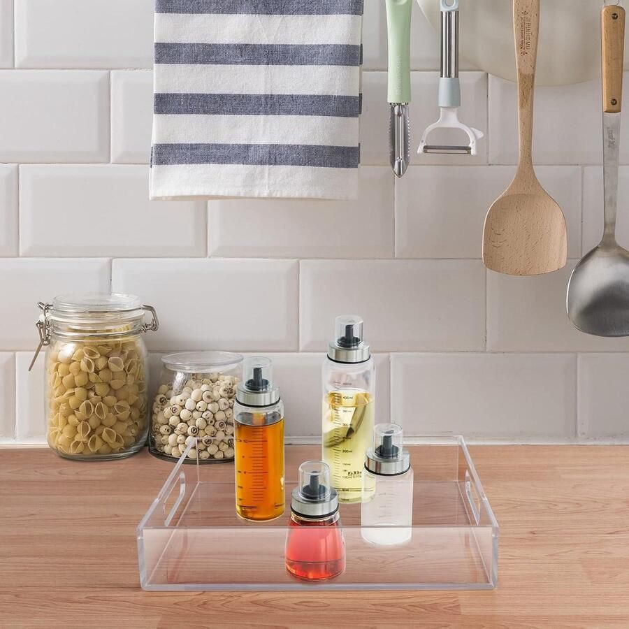 Allecto Plus Dienblad met Handvatten en Morsbestendig Acryl voor Make-up en Keuken 30x30cm Decoratieve Lade Organizer Vanity Table Tray Koffietafel Badkamer Organizer