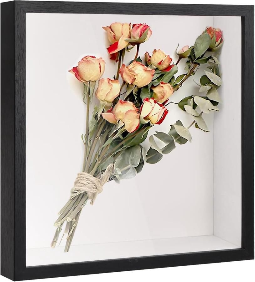 Allecto plus Diepe 3D-schaduwdoos fotolijst voor muur en tafel Houten boxlijst voor medaille bloem tickets Zwart Afmetingen 22 x 22 cm