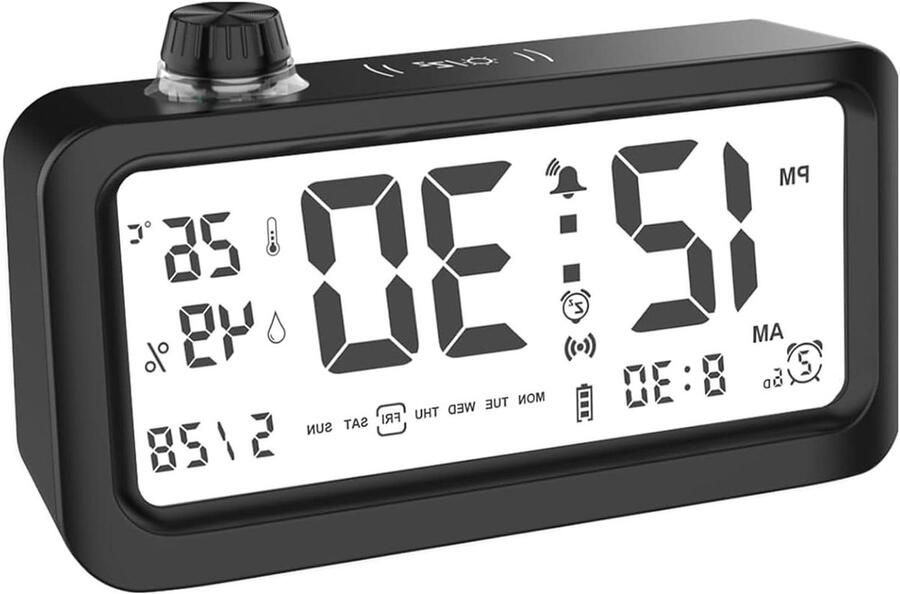 Allecto Plus Digitale wekker met groot LCD-display en temperatuurweergave voor op nachtkastje Zwarte analoge wekker met snooze functie