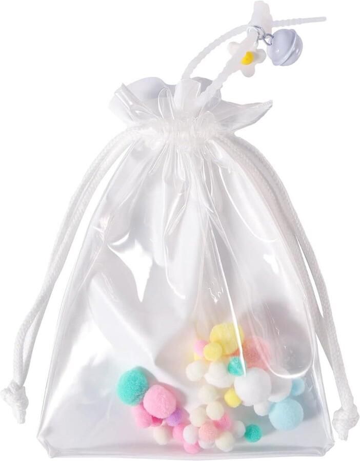 Allecto plus Doorzichtige Draagbare Poppentas met Pompons en Bloemenbelkoord Opberg Organiser voor Verzamelobjecten Wit-Grootfuncties