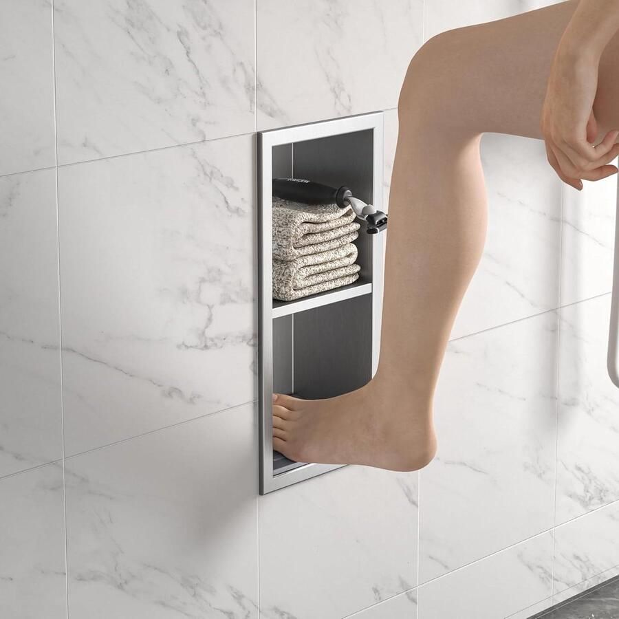 Allecto plus Douchestafel van 304 roestvrij staal met plank Geborsteld Inbouwbadkamer accessoire Voetensteun Geen tegels nodig 31 cm x 12 cm