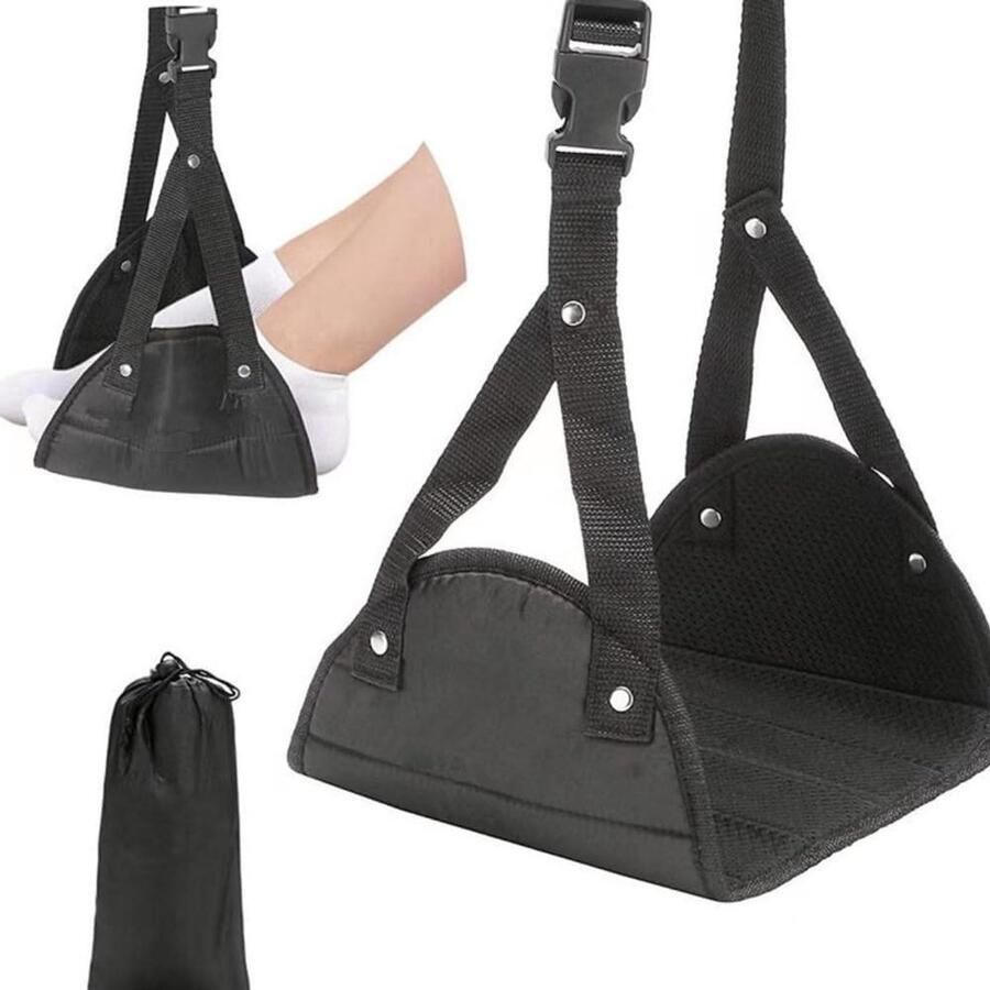 Allecto plus Draagbare voetsteun voor vliegreizen Zwart verstelbaar met rits tas| Voet sling voor ontspannen voeten Set van 2