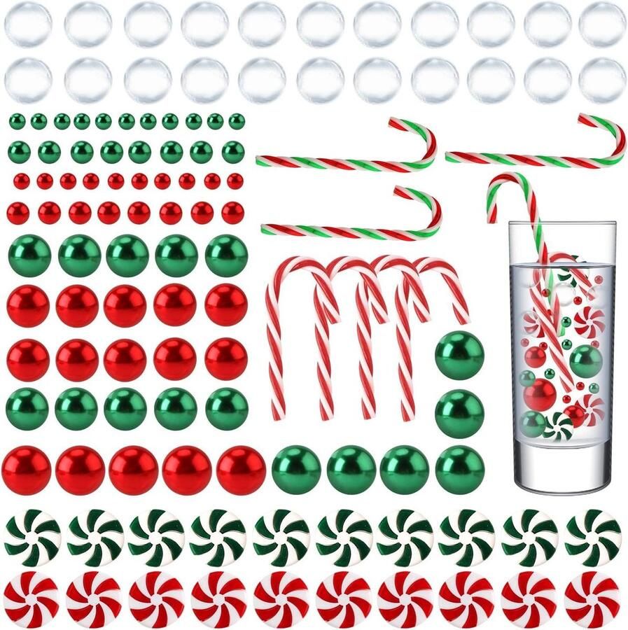 Allecto plus Kerstvaasvuller met 120 stuks Drijvende Vaasvuller voor Kerstmis decoratie met Watergelkralen voor Thuis Eettafel Candy Cane en Parel