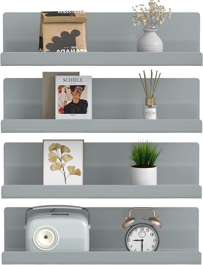 Allecto plus Drijvende planken set van 4 Wandplanken met afbeelding rand display Decoratieve planken voor ruimtes Grijs kunststof Woonkamer slaapkamer badkamer keuken