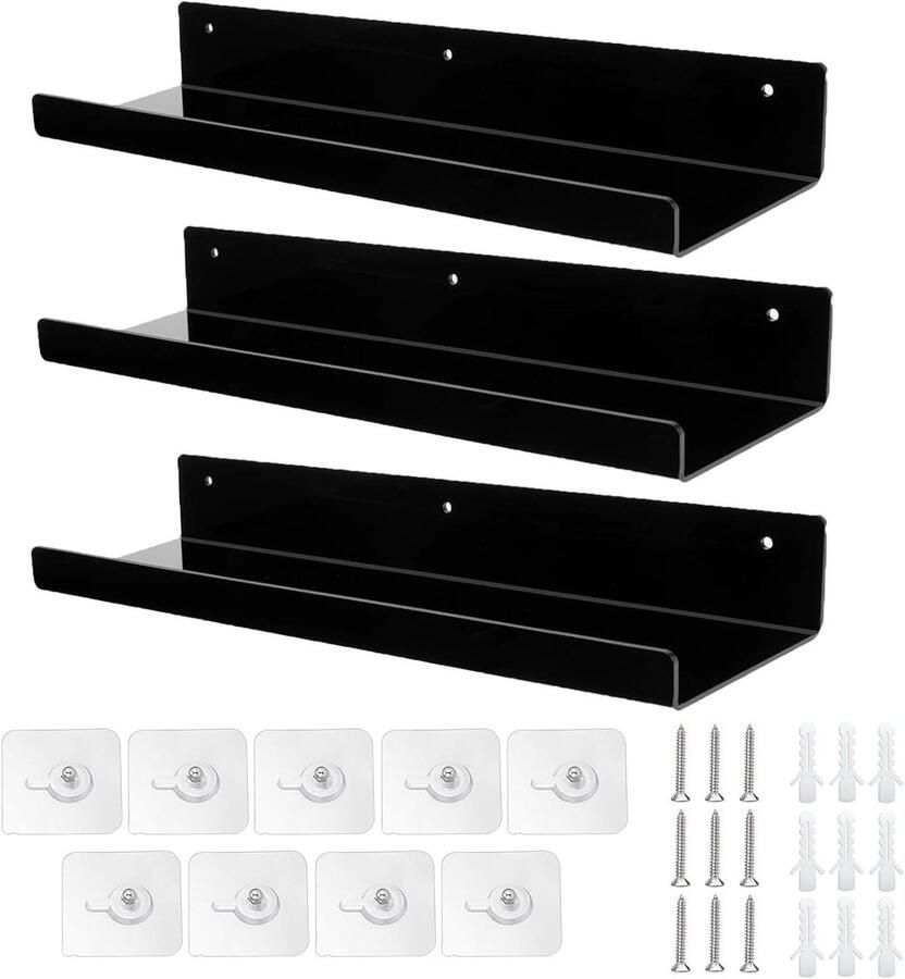 Allecto Plus Drijvende Zwarte Acryl Wandplank 30x10cm Set van 3 Stuks voor Badkamer Keuken en Woonkamer