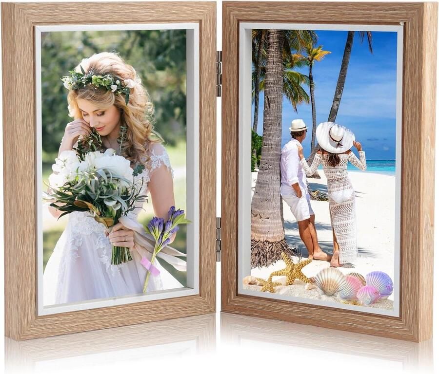 Allecto Plus Dubbele Fotolijst Opvouwbaar Houten Fotolijstje Fotocollage 2 Foto's Tafel Expositie Cadeau Fotoformaat 10 x 15 cm
