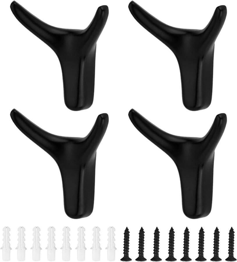 Allecto Plus Dubbele Wandhaken Set van 4 voor Garderobe en Badkamer Zinklegering Wandmontage Zwart Inclusief Schroeven - Foto 2