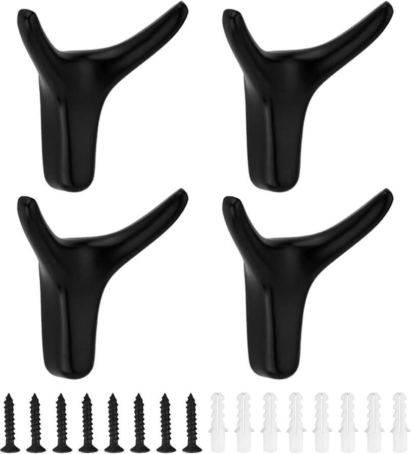 Allecto Plus Dubbele Wandhaken Set van 4 voor Garderobe en Badkamer Zinklegering Wandmontage Zwart Inclusief Schroeven