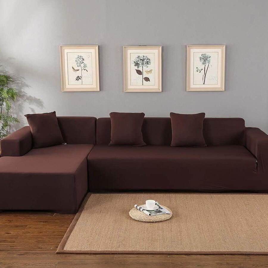 Allecto Plus Elastische bankhoes voor hoekbank 3 + 2 zits links rechts Peninsula bankhoes Polyester Makkelijk schoon te maken Modulaire bankhoes L-vorm (Bruin)